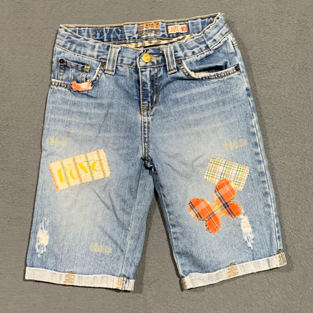 Y2K Grunge Girls Denim Jean Shorts Size 10 Patchwork‎ Butterfly Distressed